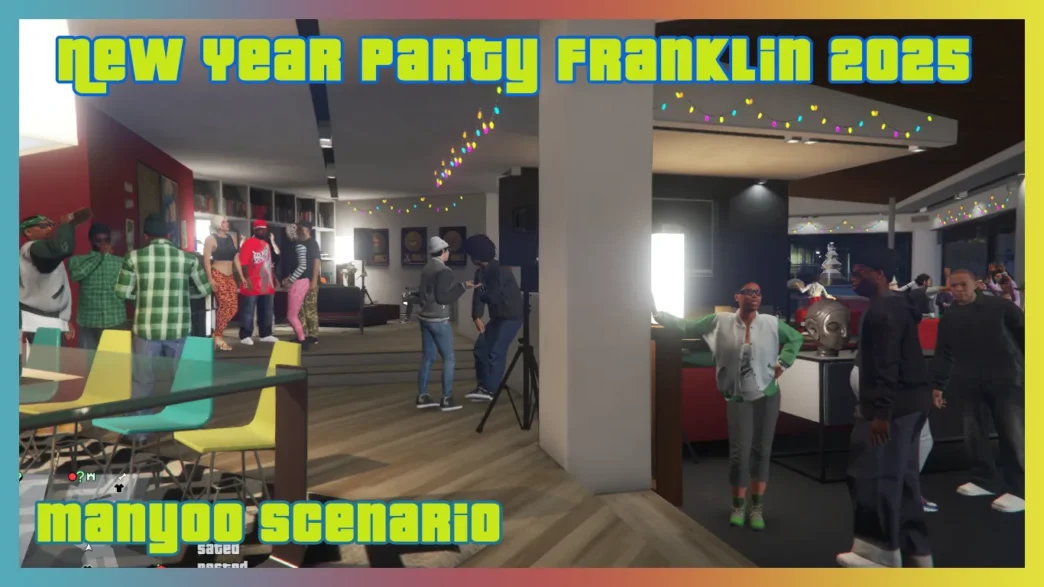 New Year Party Franklin 2025 - GTA 5 Mods Download New Year Party Franklin 2025 GTA 5 mod – transform Franklin's house into a festive New Year party with decorations and guests. Compatible with Menyoo. Install now!