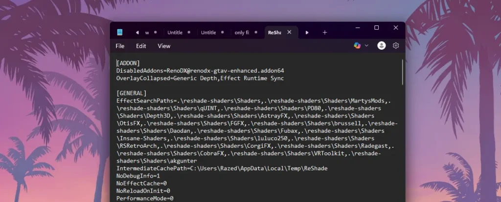 NVE ReShade.ini Raw File - GTA 5 Enhanced Mods Download ReShade.ini raw file to easily customize visual mods like NaturalVision for GTA V. Fix keybind issues, tweak shaders, and enhance graphics settings.